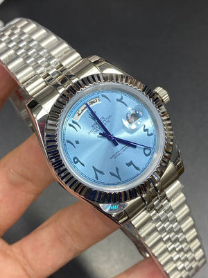 Rolex Day-Date 41mm Men's Mirror Automatic Watch – Ice Blue Eastern Arabic Numeral Dial & Silver Stainless Steel Five-Link Bracelet