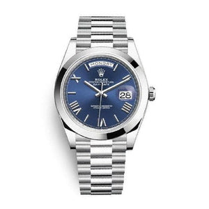 Rolex Day-Date 41mm Men's Mirror Automatic Watch – Blue Roman Numeral Dial, Smooth Bezel & Silver Stainless Steel Bracelet