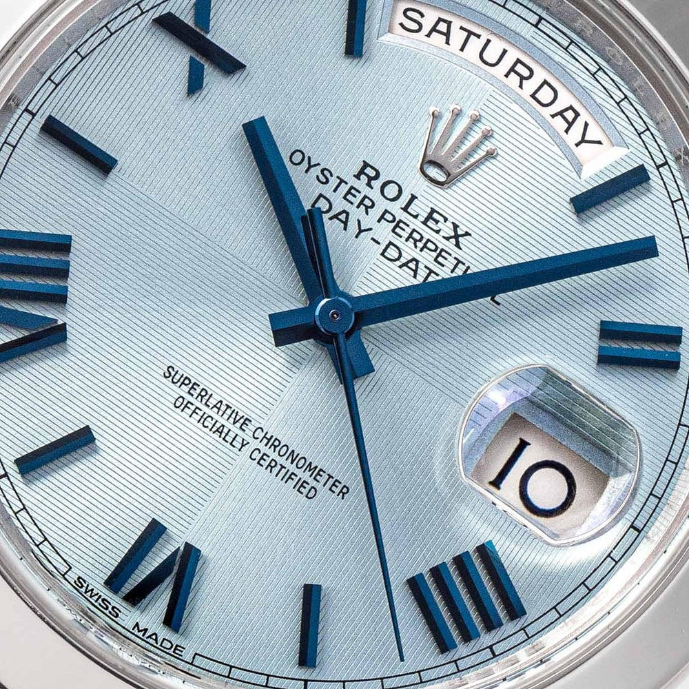 Rolex Day-Date 41mm men's mirror watch, ice blue diagonal motif Roman numeral dial – view 3