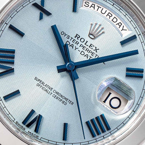 Rolex Day-Date 41mm men's mirror watch, ice blue diagonal motif Roman numeral dial – view 3