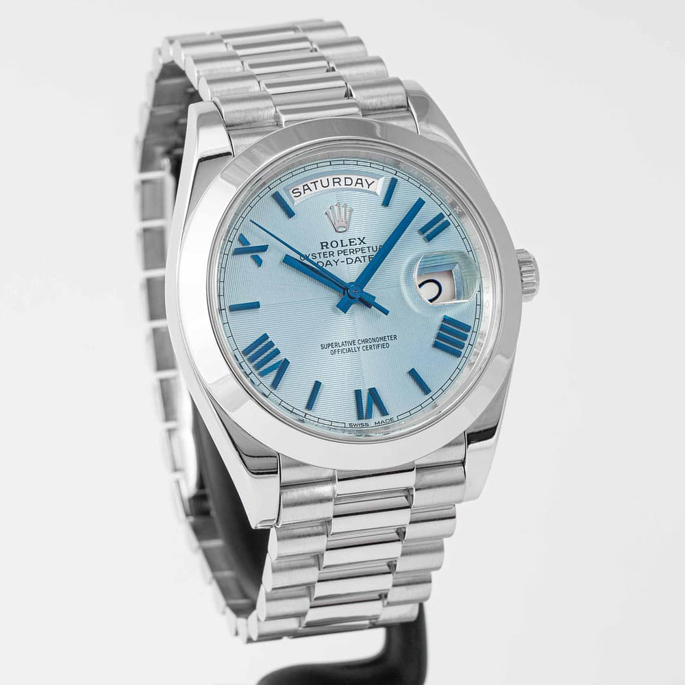 Rolex Day-Date 41mm men's mirror watch, ice blue diagonal motif Roman numeral dial – view 4
