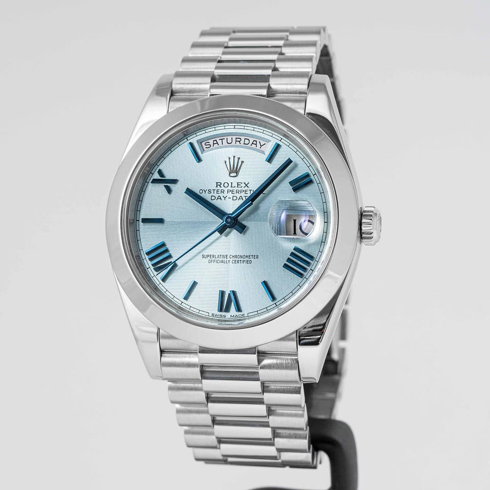 Rolex Day-Date 41mm men's mirror watch, ice blue diagonal motif Roman numeral dial – view 6