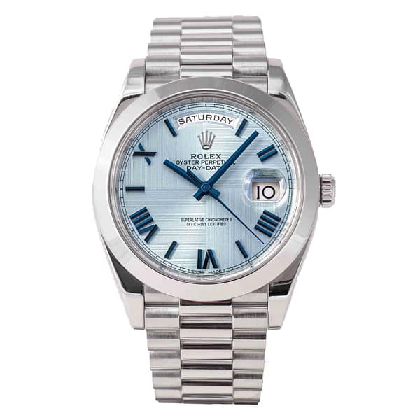 Rolex Day-Date 41mm Men's Mirror Automatic Watch – Ice Blue Diagonal Motif Roman Numeral Dial, Smooth Bezel & Silver Stainless Steel Bracelet