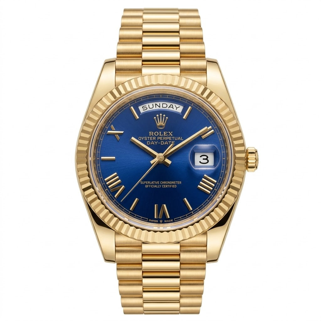 Rolex Day-Date 41mm Men's Mirror Automatic Watch – Blue Roman Numeral Dial & Gold-Tone Stainless Steel Bracelet