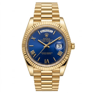 Rolex Day-Date 41mm Men's Mirror Automatic Watch – Blue Roman Numeral Dial & Gold-Tone Stainless Steel Bracelet