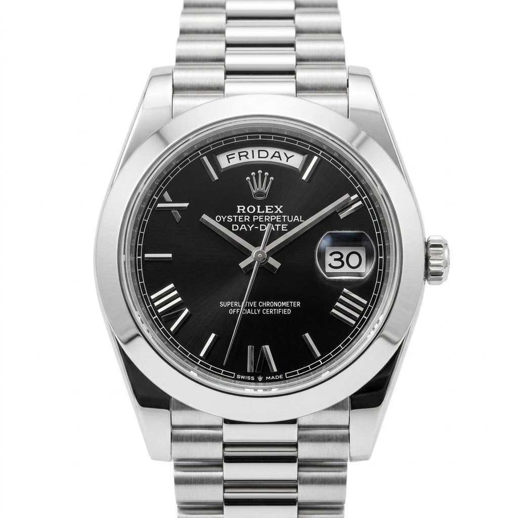 Rolex Day-Date 41mm Men's Mirror Automatic Watch – Black Roman Numeral Dial, Smooth Bezel & Silver Stainless Steel Bracelet