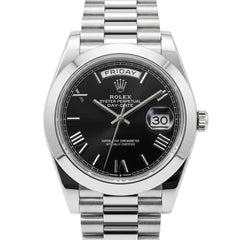 Rolex Day-Date 41mm Men's Mirror Automatic Watch – Black Roman Numeral Dial, Smooth Bezel & Silver Stainless Steel Bracelet