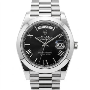 Rolex Day-Date 41mm Men's Mirror Automatic Watch – Black Roman Numeral Dial, Smooth Bezel & Silver Stainless Steel Bracelet