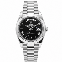 Rolex Day-Date 41mm Men's Mirror Automatic Watch – Black Roman Numeral Dial, Smooth Bezel & Silver Stainless Steel Bracelet
