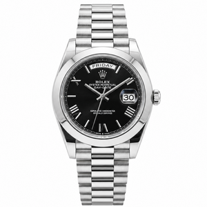 Rolex Day-Date 41mm Men's Mirror Automatic Watch – Black Roman Numeral Dial, Smooth Bezel & Silver Stainless Steel Bracelet