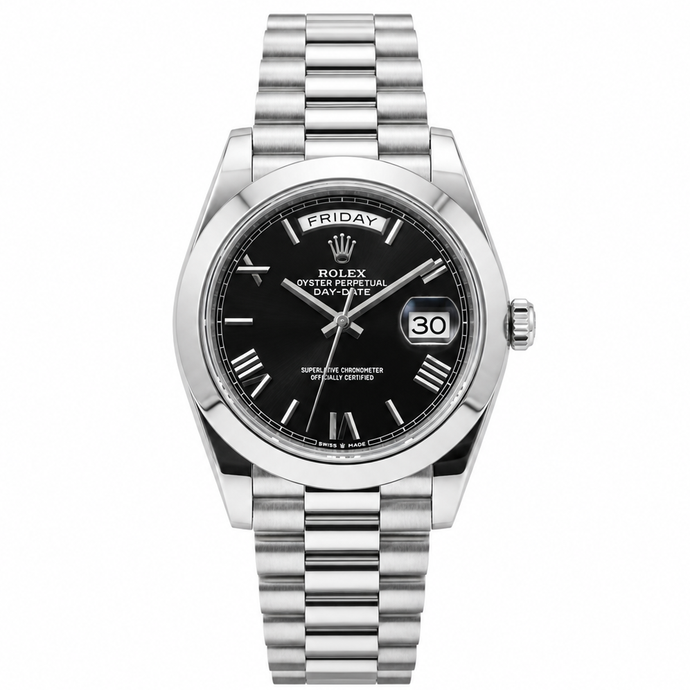 Rolex Day-Date 41mm Men's Mirror Automatic Watch – Black Roman Numeral Dial, Smooth Bezel & Silver Stainless Steel Bracelet