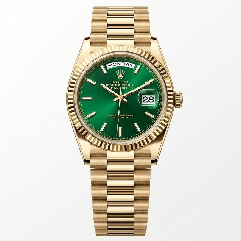 Rolex Day-Date 41mm Men's Mirror Automatic Watch – Green Index Dial & Gold-Tone Stainless Steel Bracelet