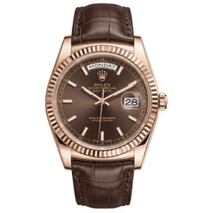 Rolex Day-Date 41mm Men's Mirror Automatic Watch – Chocolate Brown Index Dial & Brown Leather Strap