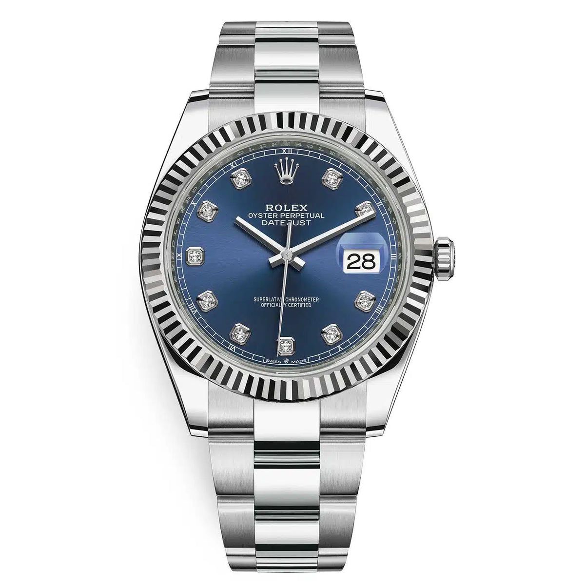 Rolex Datejust 41mm Men's Mirror Automatic Watch – Blue Stone-Set Dial & Silver Stainless Steel Three-Link Bracelet