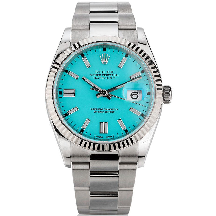 Rolex Datejust 36mm Unisex Mirror Automatic Watch – Turquoise Blue Dial & Silver Stainless Steel Three-Link Bracelet