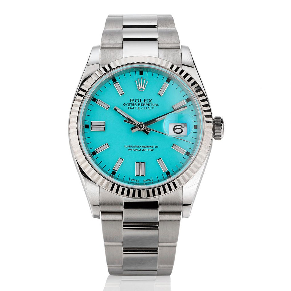 Rolex Datejust 36mm Unisex Mirror Automatic Watch – Turquoise Blue Dial & Silver Stainless Steel Three-Link Bracelet