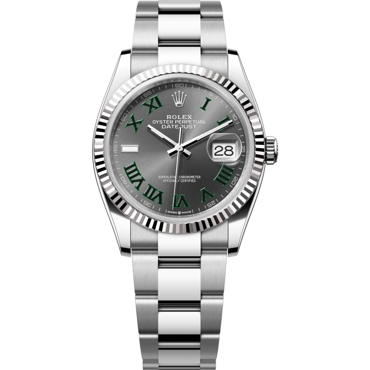 Rolex Datejust 36mm Unisex Mirror Automatic Watch – Slate Gray Roman Numeral Dial & Silver Stainless Steel Three-Link Bracelet