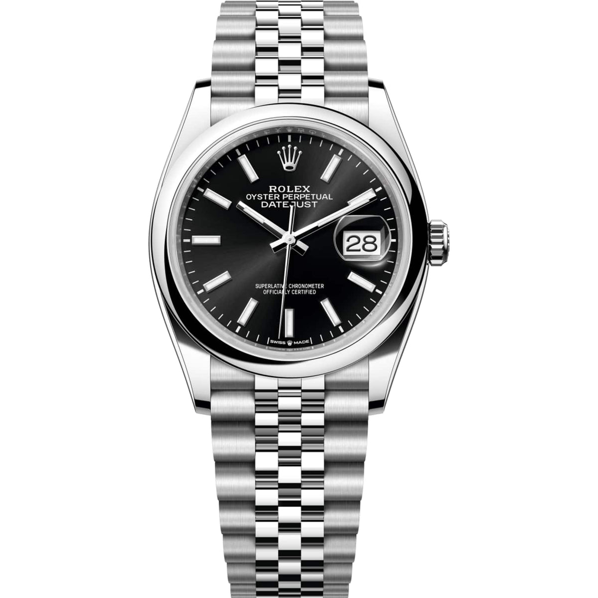 Rolex Datejust 36mm Unisex Mirror Automatic Watch – Black Dial, Smooth Bezel & Silver Stainless Steel Five-Link Bracelet