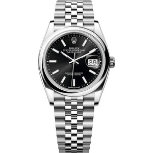 Rolex Datejust 36mm Unisex Mirror Automatic Watch – Black Dial, Smooth Bezel & Silver Stainless Steel Five-Link Bracelet