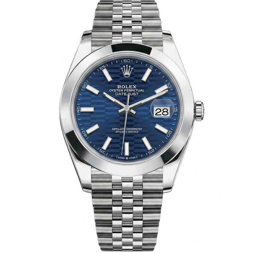 Rolex Datejust 36mm Unisex Mirror Automatic Watch – Blue Fluted Motif Dial, Smooth Bezel & Silver Stainless Steel Five-Link Bracelet