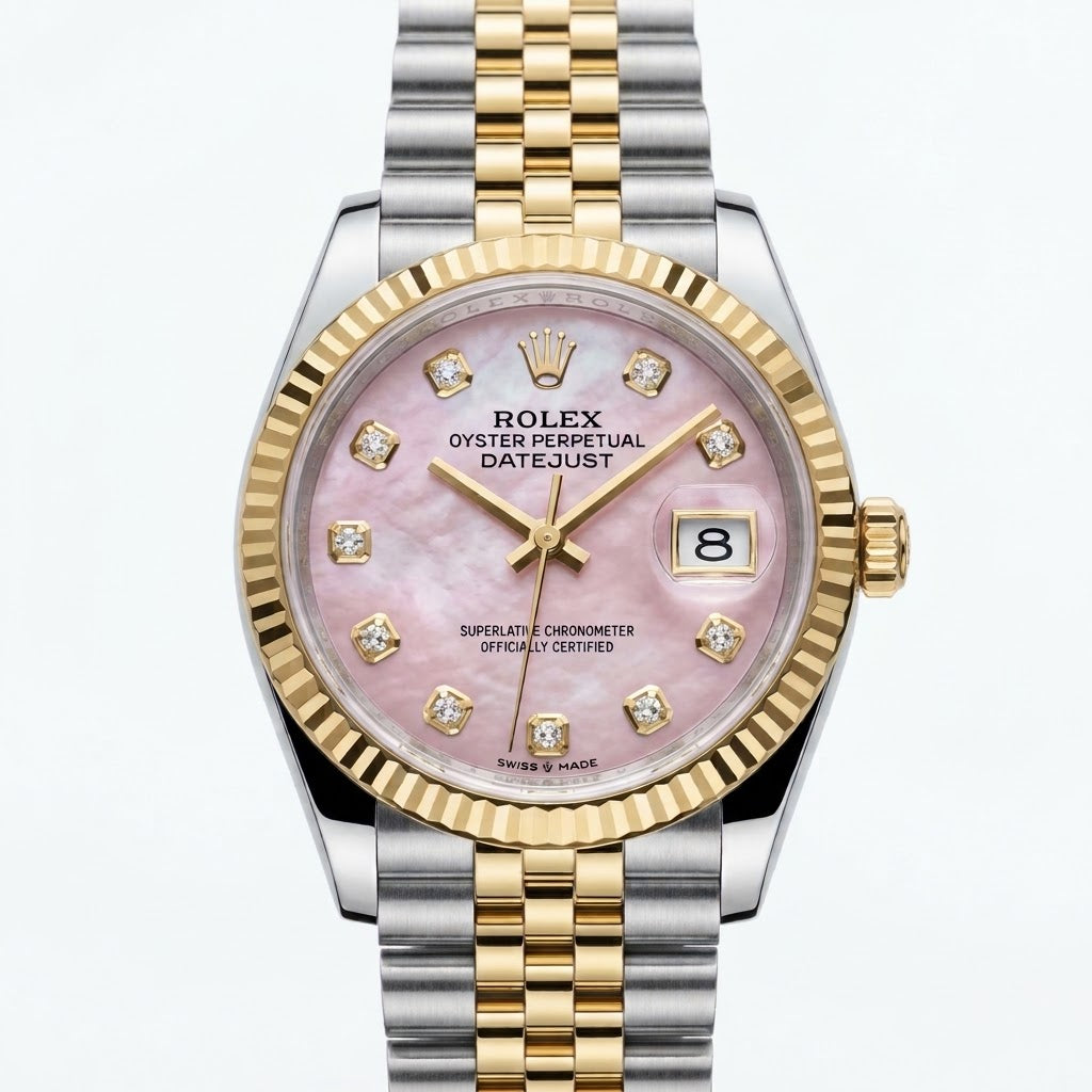 Rolex Datejust 36mm Unisex Mirror Automatic Watch – Pink Mother-of-Pearl Stone-Set Dial & Two-Tone Silver & Gold-Tone Stainless Steel Five-Link Bracelet