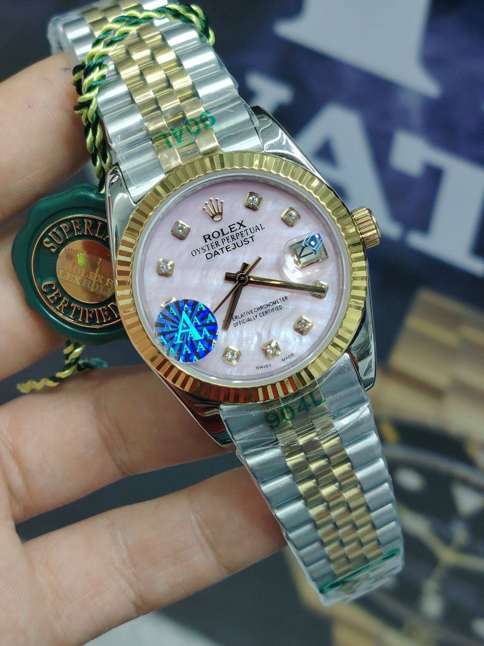 Rolex Datejust 36mm unisex mirror watch, pink mother-of-pearl stone-set dial – view 6