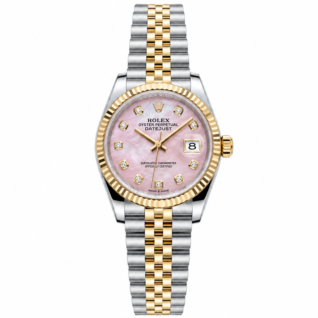 Rolex Datejust 36mm Unisex Mirror Automatic Watch – Pink Mother-of-Pearl Stone-Set Dial & Two-Tone Silver & Gold-Tone Stainless Steel Five-Link Bracelet
