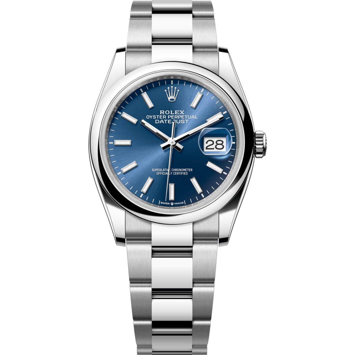 Rolex Datejust 36mm Unisex Mirror Automatic Watch – Blue Dial, Smooth Bezel & Silver Stainless Steel Three-Link Bracelet