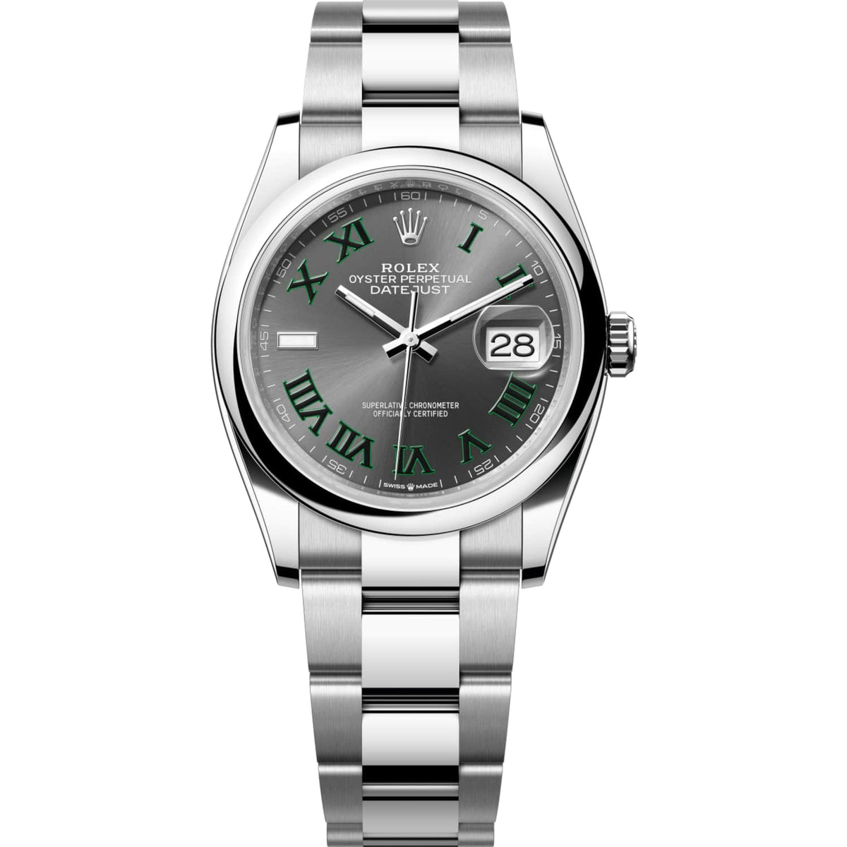 Rolex Datejust 36mm Unisex Mirror Automatic Watch – Slate Gray Roman Numeral Dial, Smooth Bezel & Silver Stainless Steel Three-Link Bracelet