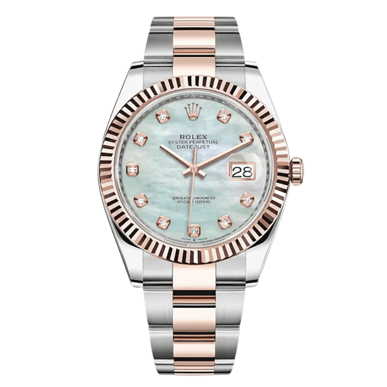 Rolex Datejust 41mm Men's Mirror Automatic Watch – White Mother-of-Pearl Stone-Set Dial & Two-Tone Silver & Rose Gold-Tone Stainless Steel Three-Link Bracelet