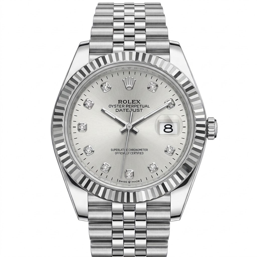 Rolex Datejust 41mm Men's Mirror Automatic Watch – Silver Stone-Set Dial & Silver Stainless Steel Five-Link Bracelet