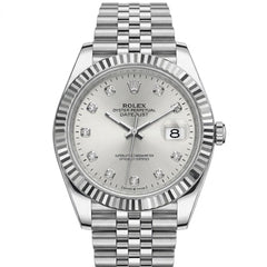 Rolex Datejust 41mm Men's Mirror Automatic Watch – Silver Stone-Set Dial & Silver Stainless Steel Five-Link Bracelet