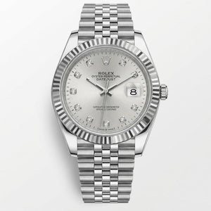 Rolex Datejust 41mm Men's Mirror Automatic Watch – Silver Stone-Set Dial & Silver Stainless Steel Five-Link Bracelet