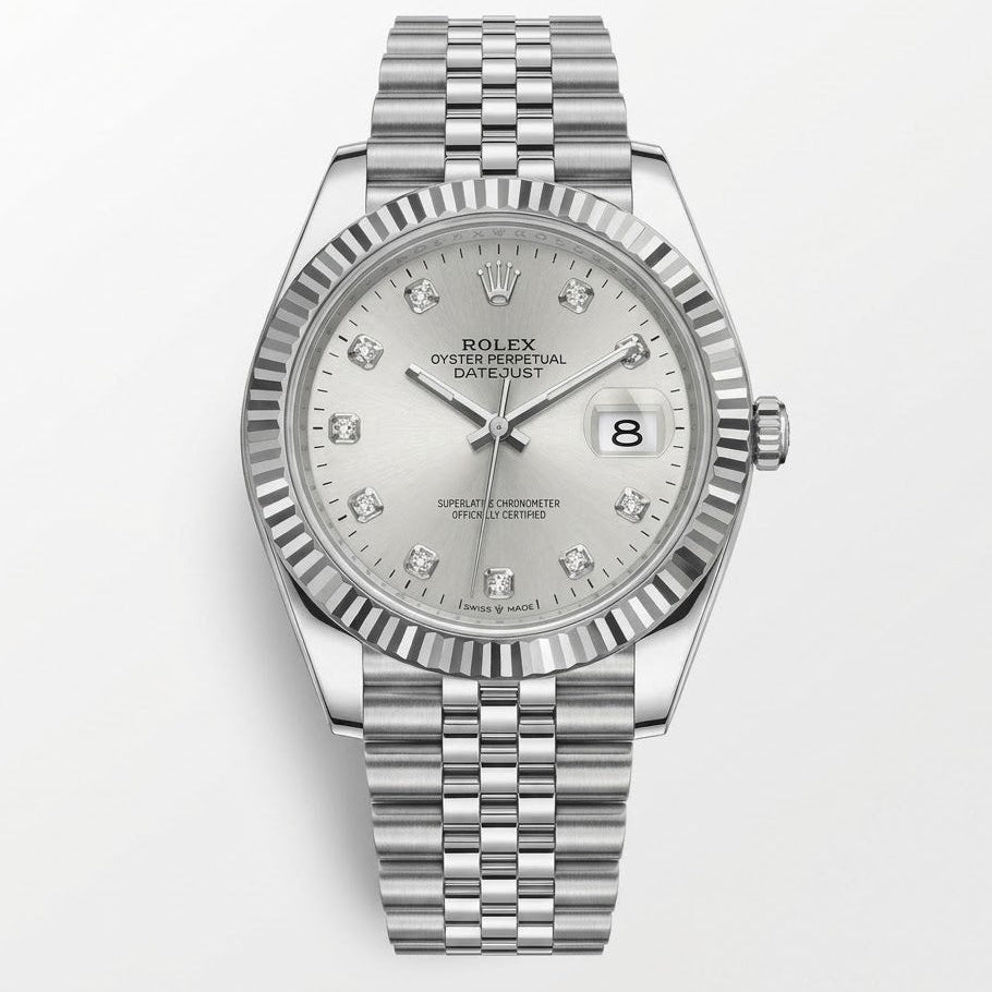 Rolex Datejust 41mm Men's Mirror Automatic Watch – Silver Stone-Set Dial & Silver Stainless Steel Five-Link Bracelet