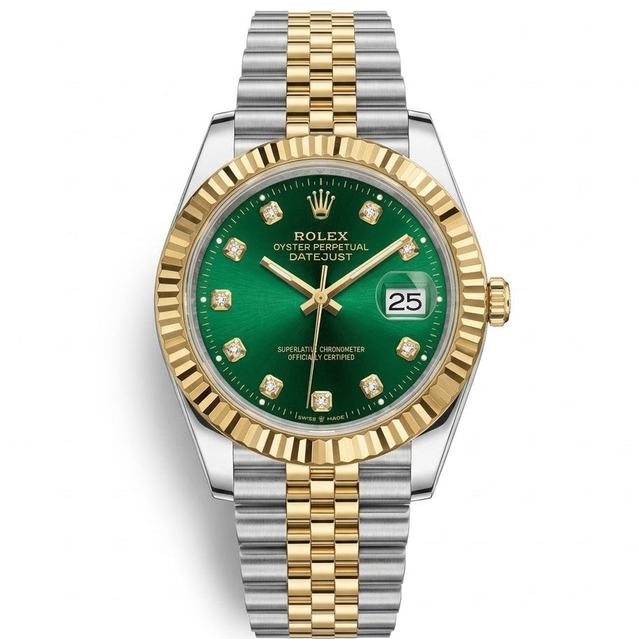Rolex Datejust 41mm Men's Mirror Automatic Watch – Green Stone-Set Dial & Two-Tone Silver & Gold-Tone Stainless Steel Five-Link Bracelet