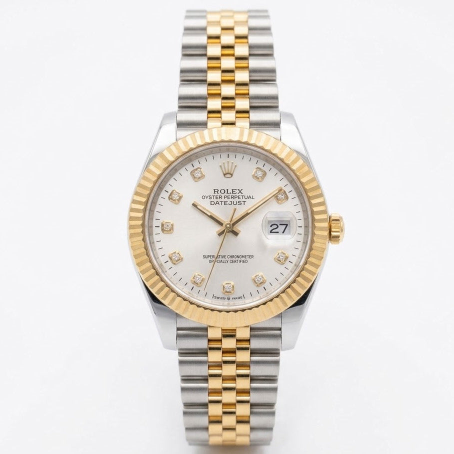 Rolex Datejust 41mm Men's Mirror Automatic Watch – Silver Stone-Set Dial & Two-Tone Silver & Gold-Tone Stainless Steel Five-Link Bracelet