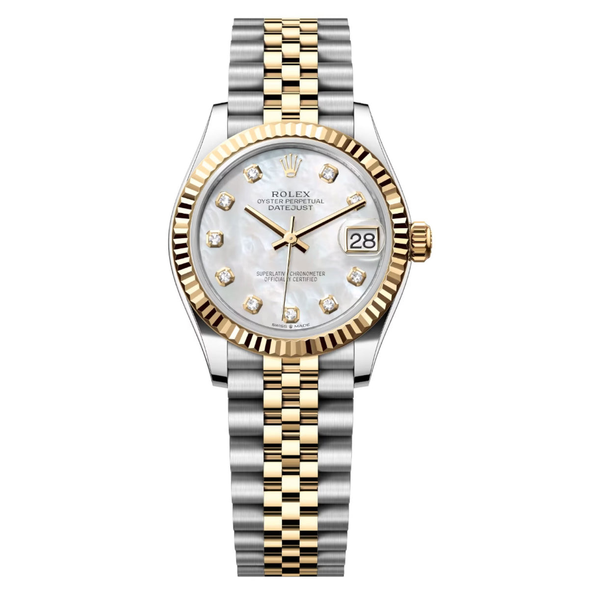 Rolex Datejust 31mm Women's Mirror Automatic Watch – White Mother-of-Pearl Stone-Set Dial & Two-Tone Silver & Gold-Tone Stainless Steel Five-Link Bracelet