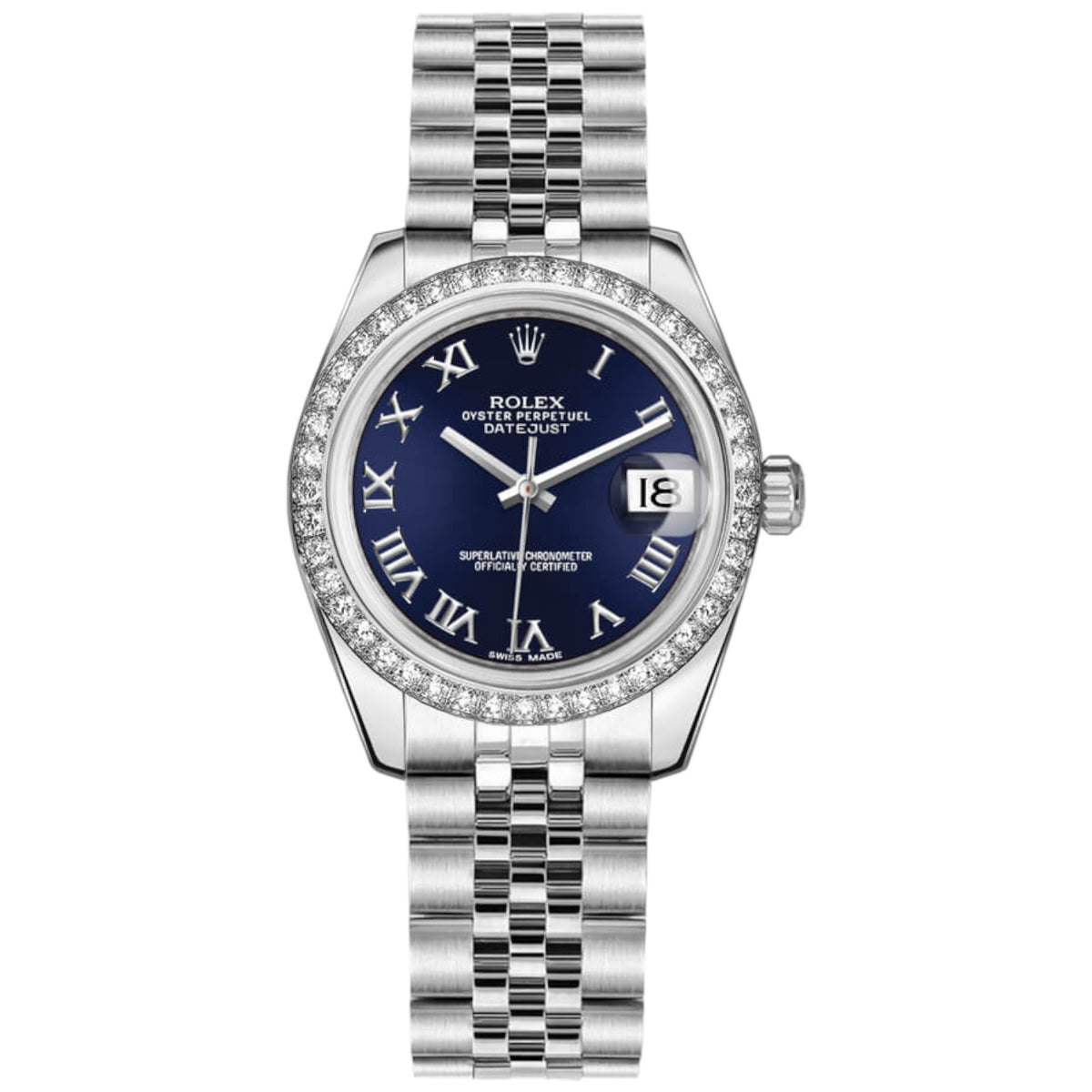 Rolex Datejust 31mm Women's Mirror Automatic Watch – Blue Roman Numeral Dial, Stone-Set Bezel & Silver Stainless Steel Five-Link Bracelet