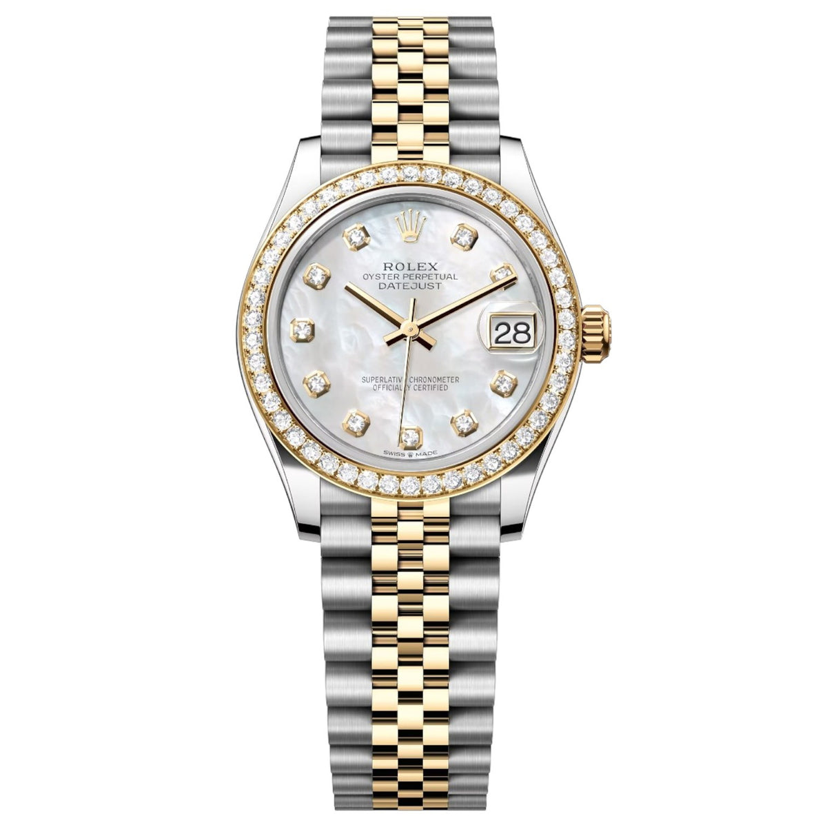 Rolex Datejust 31mm Women's Mirror Automatic Watch – White Mother-of-Pearl Stone-Set Dial, Stone-Set Bezel & Two-Tone Silver & Gold-Tone Stainless Steel Five-Link Bracelet