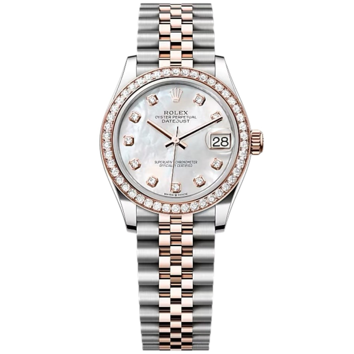 Rolex Datejust 31mm Women's Mirror Automatic Watch – White Mother-of-Pearl Stone-Set Dial, Stone-Set Bezel & Two-Tone Silver & Rose Gold-Tone Stainless Steel Five-Link Bracelet