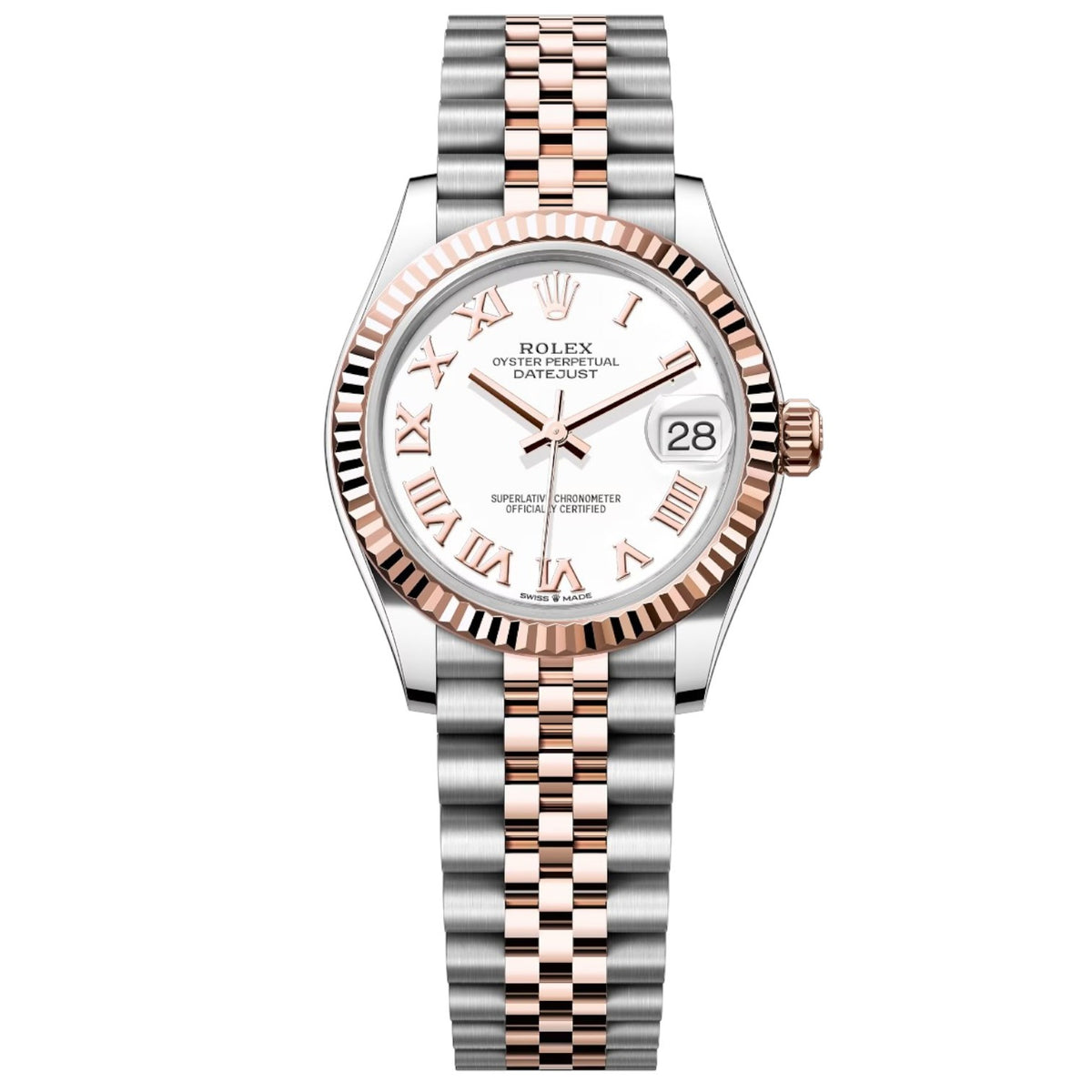 Rolex Datejust 31mm Women's Mirror Automatic Watch – White Roman Numeral Dial & Two-Tone Silver & Rose Gold-Tone Stainless Steel Five-Link Bracelet