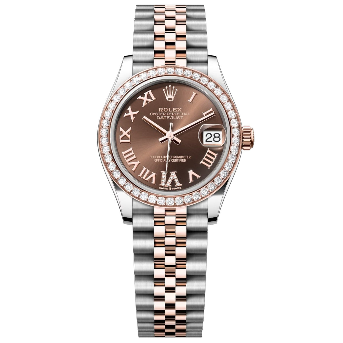 Rolex Datejust 31mm Women's Mirror Automatic Watch – Chocolate Roman Numeral Dial, Stone-Set Bezel & Two-Tone Silver & Rose Gold-Tone Stainless Steel Five-Link Bracelet