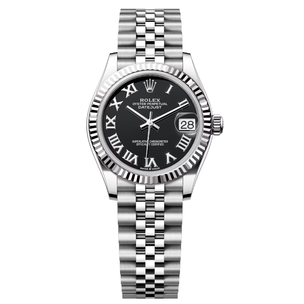 Rolex Datejust 31mm Women's Mirror Automatic Watch – Black Roman Numeral Dial & Silver Stainless Steel Five-Link Bracelet