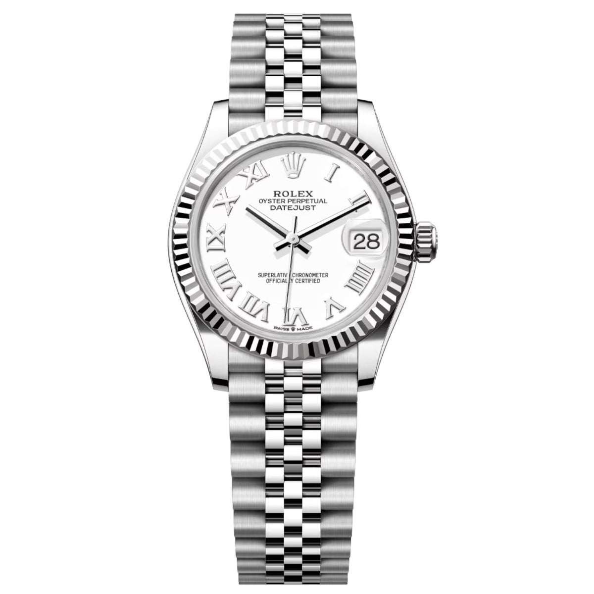 Rolex Datejust 31mm Women's Mirror Automatic Watch – White Roman Numeral Dial & Silver Stainless Steel Five-Link Bracelet