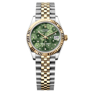Rolex Datejust 31mm Women's Mirror Automatic Watch – Olive Green Floral Motif Dial & Two-Tone Silver & Gold-Tone Stainless Steel Five-Link Bracelet