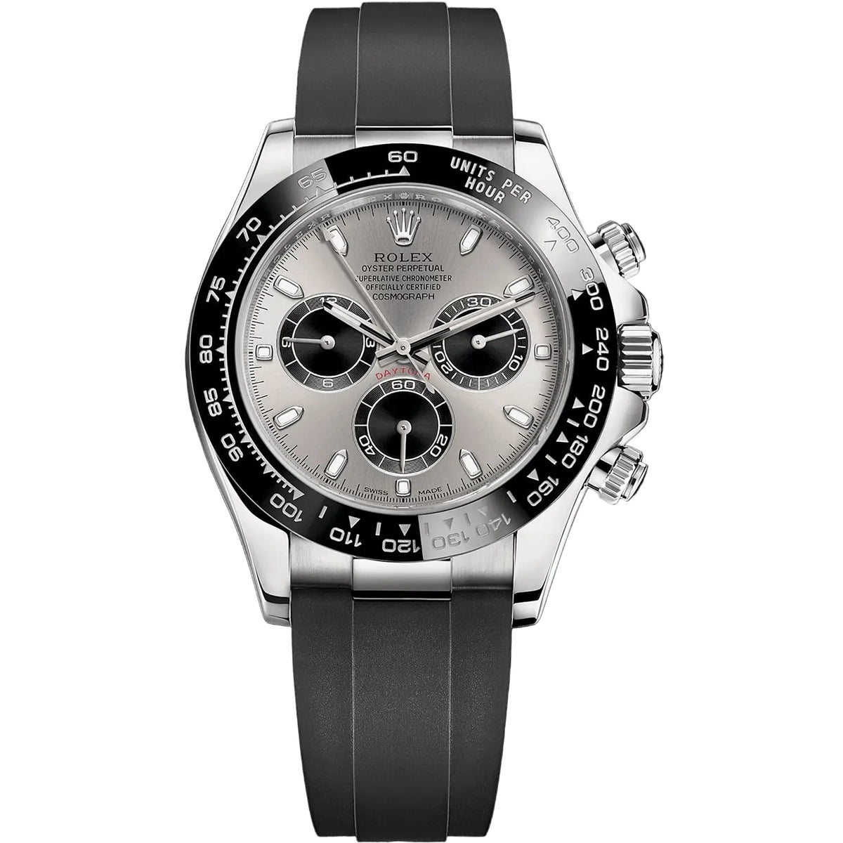 Rolex Daytona 40mm Men's Mirror Automatic Watch – Silver Dial, Black Bezel & Black Rubber Strap
