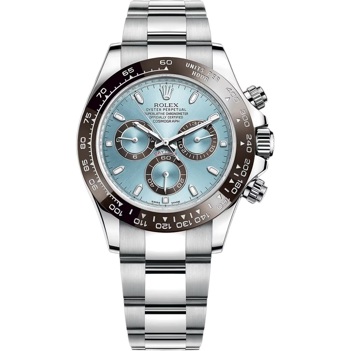 Rolex Daytona 40mm Men's Mirror Automatic Watch – Ice Blue Dial, Brown Bezel & Silver Stainless Steel Bracelet