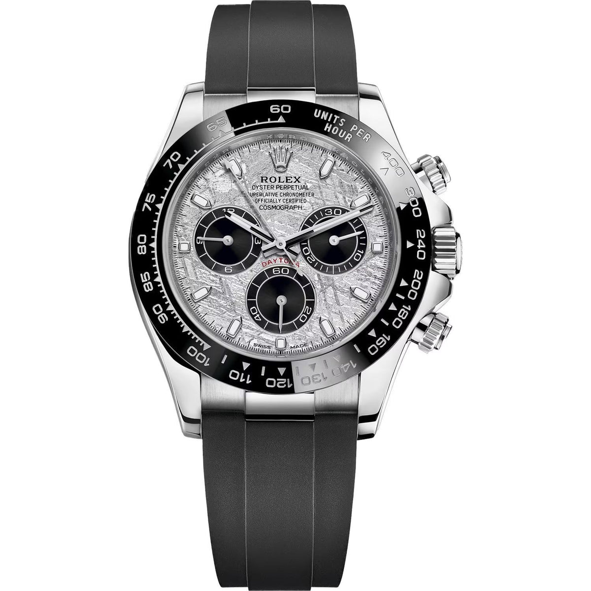 Rolex Daytona 42mm Men's Mirror Automatic Watch – Silver Meteorite-Pattern Dial, Black Bezel & Black Rubber Strap