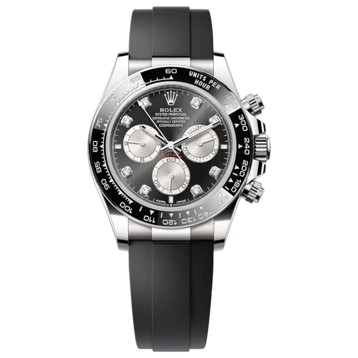 Rolex Daytona 40mm Men's Mirror Automatic Watch – Black Stone-Set Dial, Black Bezel, Silver-Tone Case & Black Rubber Strap