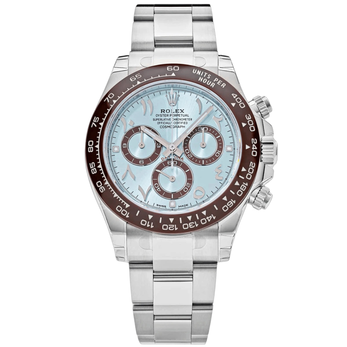 Rolex Daytona 40mm Men's Mirror Automatic Watch – Ice Blue Eastern Arabic Numeral Dial, Brown Bezel & Silver Stainless Steel Bracelet